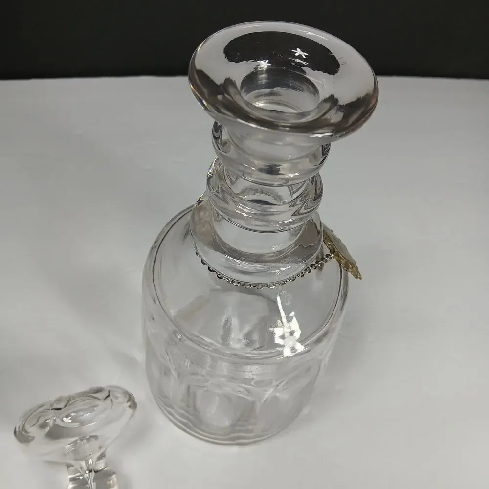 Vintage Glass Decanter Gin English Silverplate Label Tag Mushroom Stopper